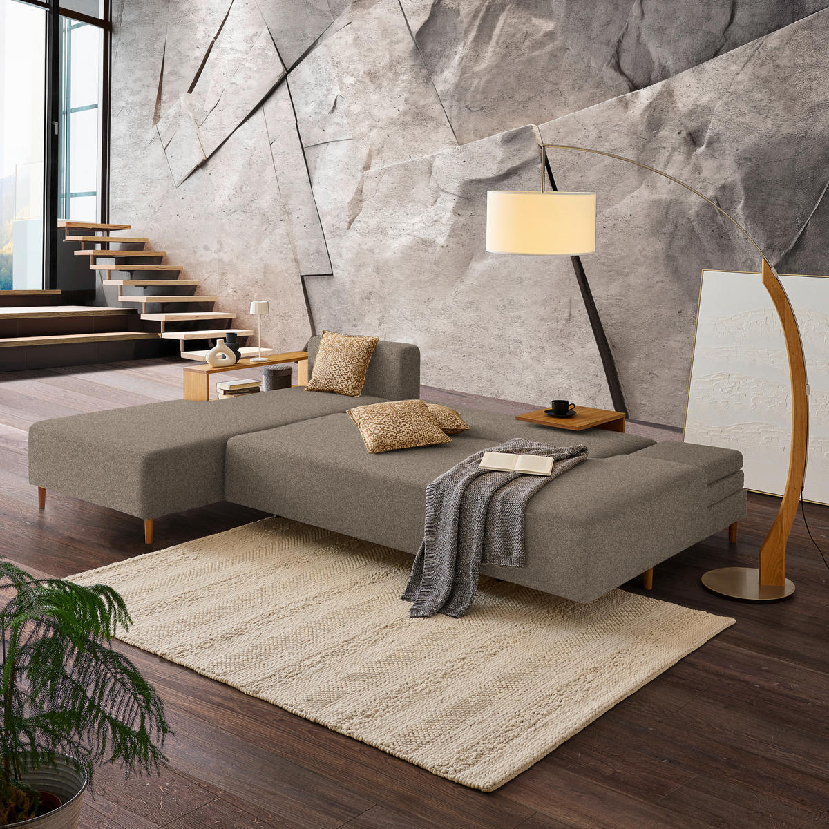 ECKSOFA in Flachgewebe Greige  - Greige/Eichefarben, Design, Holz/Textil (190/307cm) - Joka