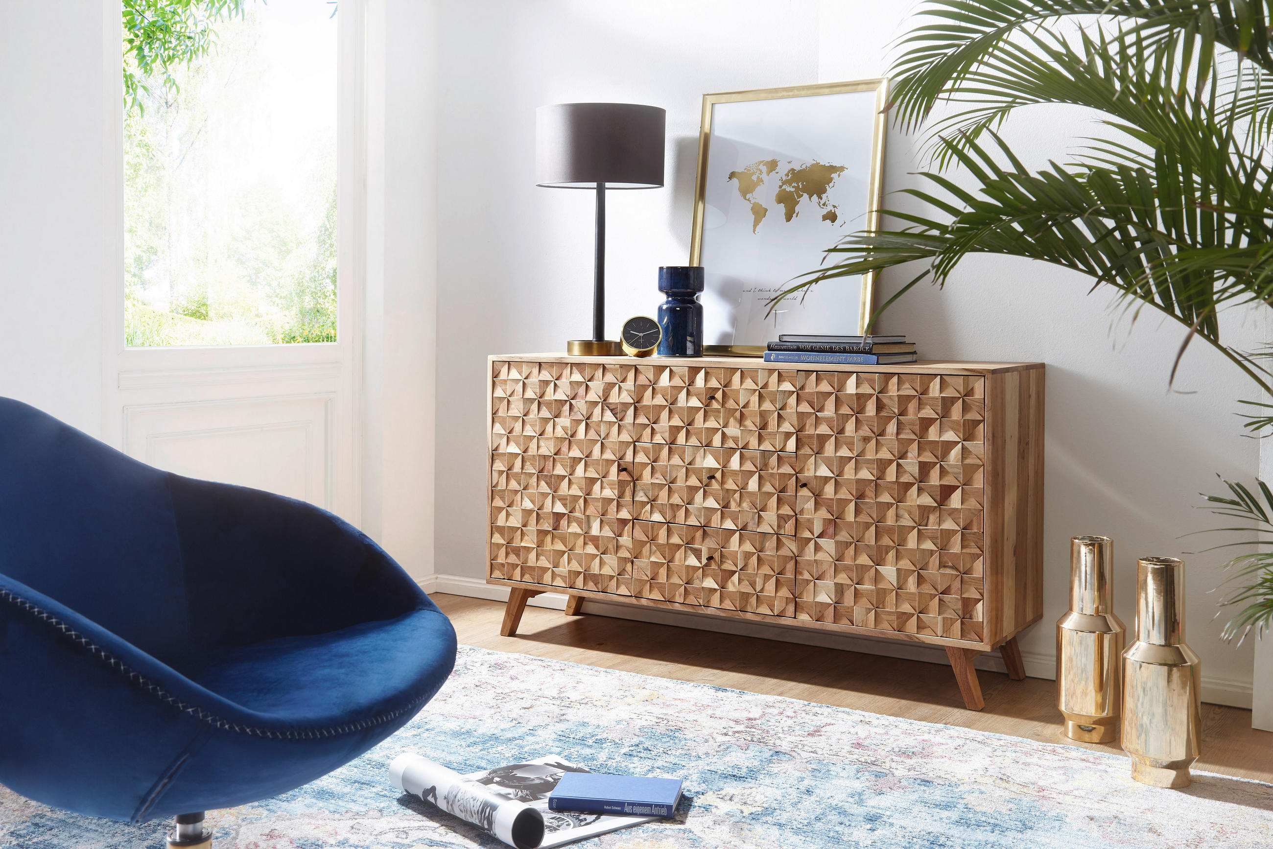 SIDEBOARD  - Schwarz/Akaziefarben, Design, Holz/Metall (140/40/79cm) - MID.YOU
