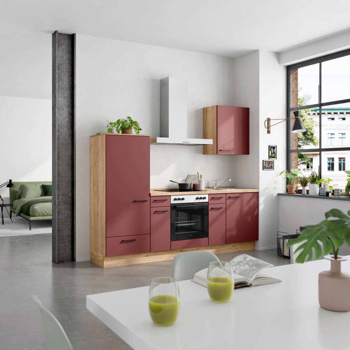 KÜCHENLEERBLOCK 240 cm   in Rot, Eichefarben  - Eichefarben/Rot, MODERN, Holzwerkstoff/Metall (240cm) - Nobilia