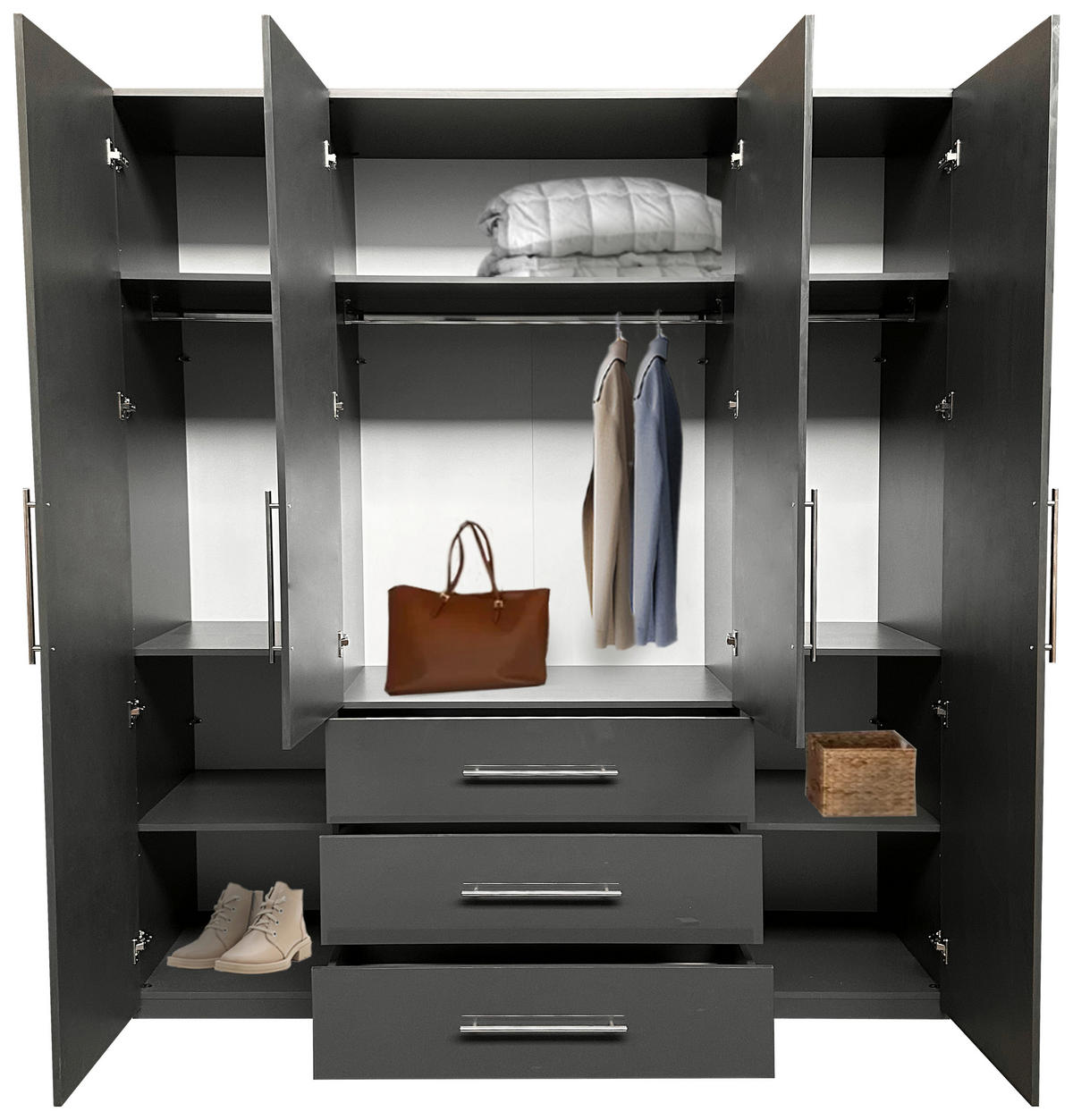 KLEIDERSCHRANK 196/219/59 cm 4-türig Anthrazit, Anthrazit Hochglanz  - Anthrazit/Anthrazit Hochglanz, KONVENTIONELL, Holzwerkstoff/Metall (196/219/59cm) - Carryhome