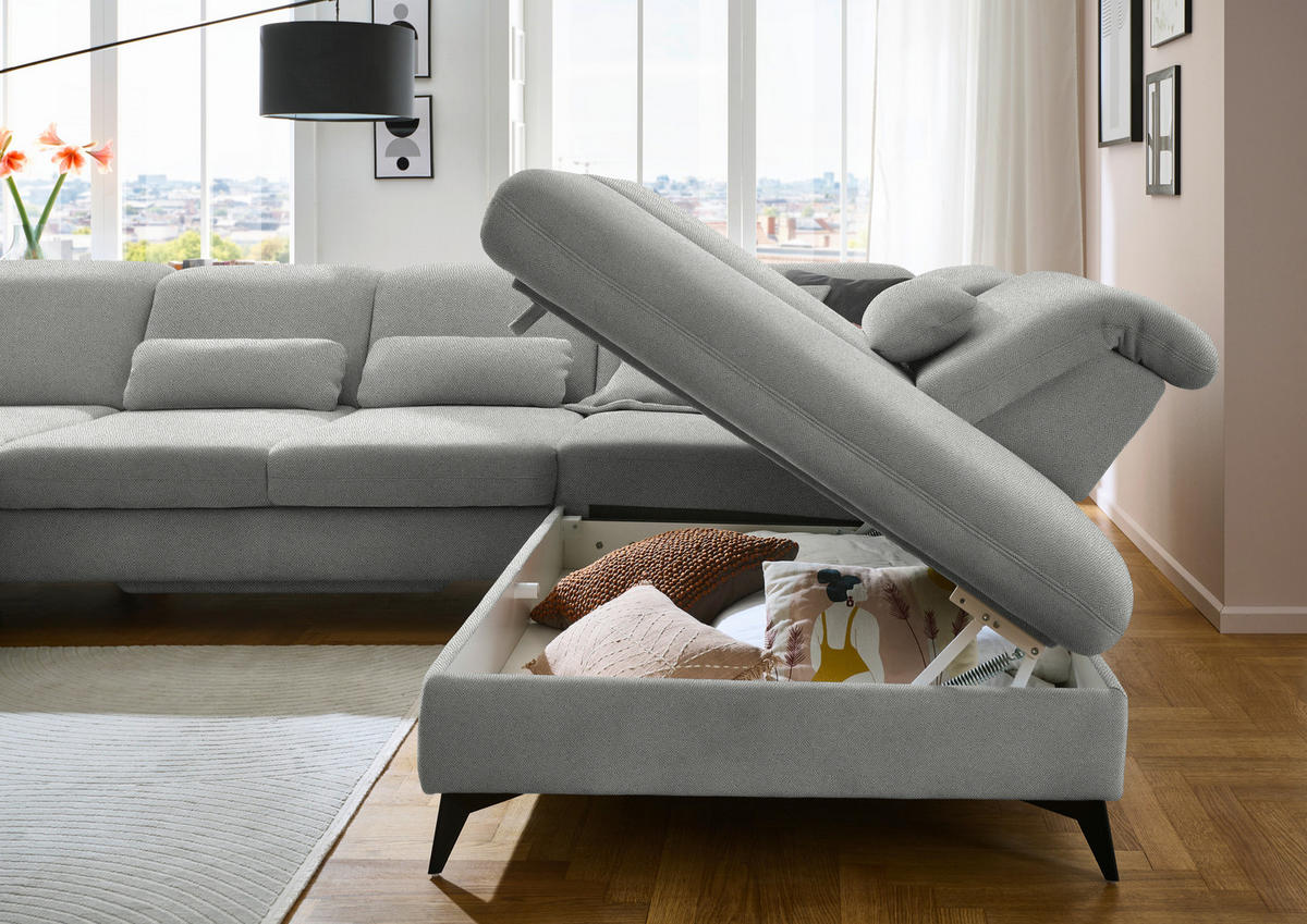 WOHNLANDSCHAFT  in Chenille Greige  - Greige/Schwarz, Design, Textil/Metall (198/364/255cm) - Beldomo Style