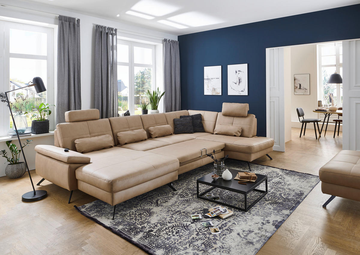 WOHNLANDSCHAFT in Lederlook, Mikrofaser Hellbraun, Haselnussfarben  - Hellbraun/Schwarz, Design, Textil/Metall (345/220cm) - Beldomo System