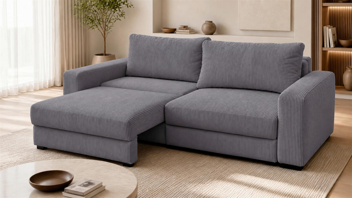 3-SITZER-SOFA Cord Grau  - Schwarz/Grau, Basics, Holz/Textil (250/90/110cm) - MID.YOU
