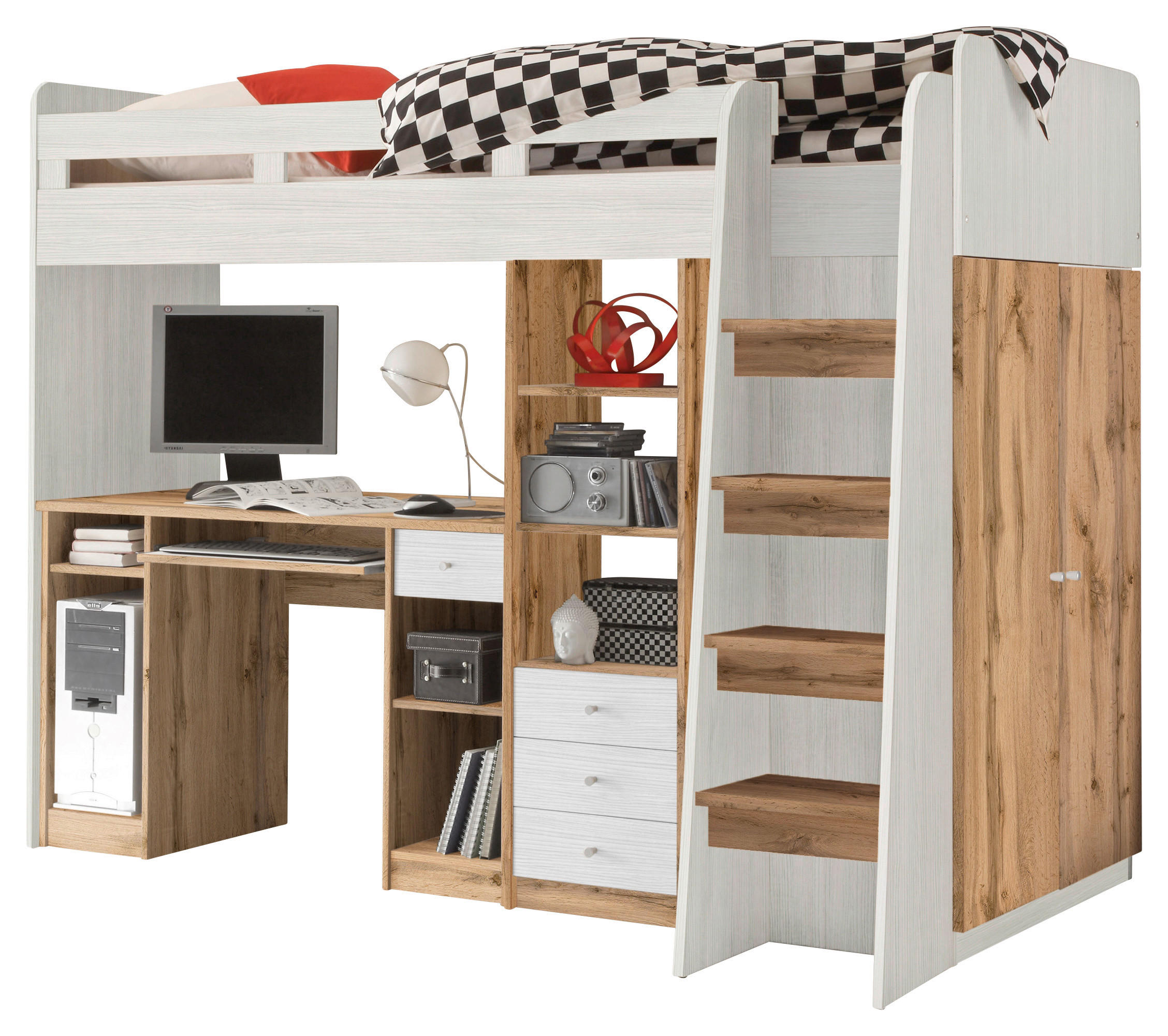 VISOKA POSTELJA - barve hrasta/bela, Konvencionalno, leseni material (90/200cm) - Carryhome