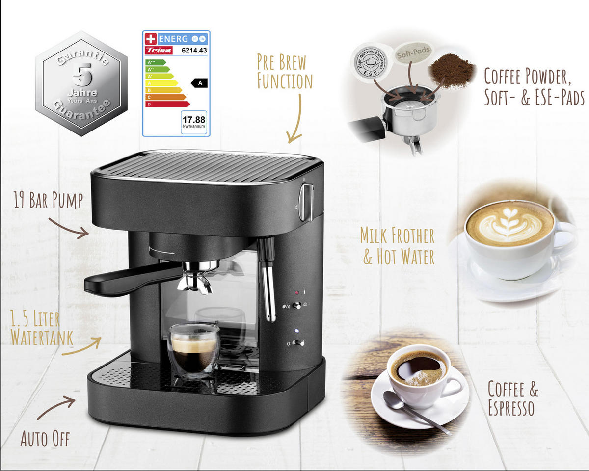 KAFFEEPADMASCHINE  - Schwarz, Basics, Metall (26/25,5/30cm) - Trisa Electronics