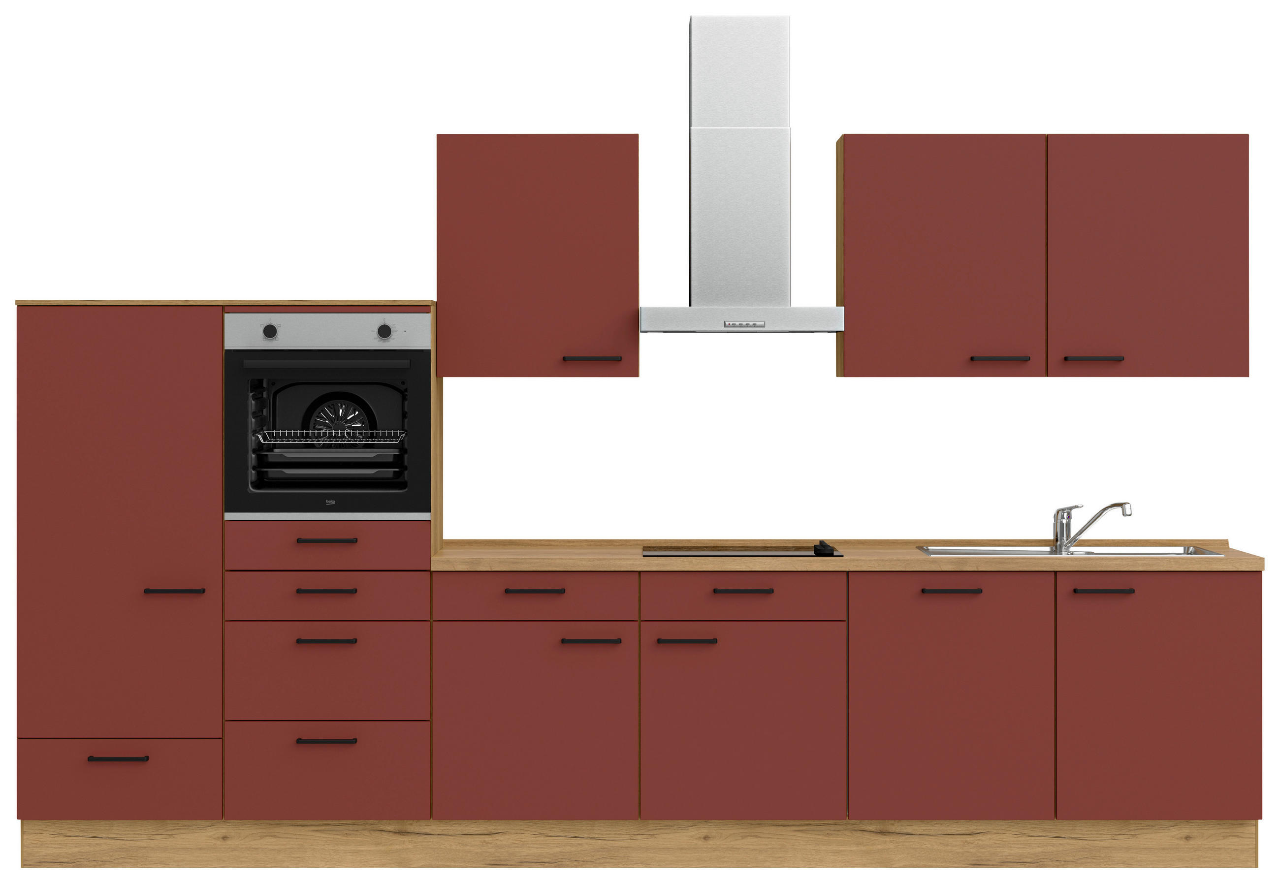 KÜCHENBLOCK 360 cm   in Eichefarben, Dunkelrot  - Eichefarben/Schwarz, MODERN, Holzwerkstoff/Metall (360cm) - Nobilia