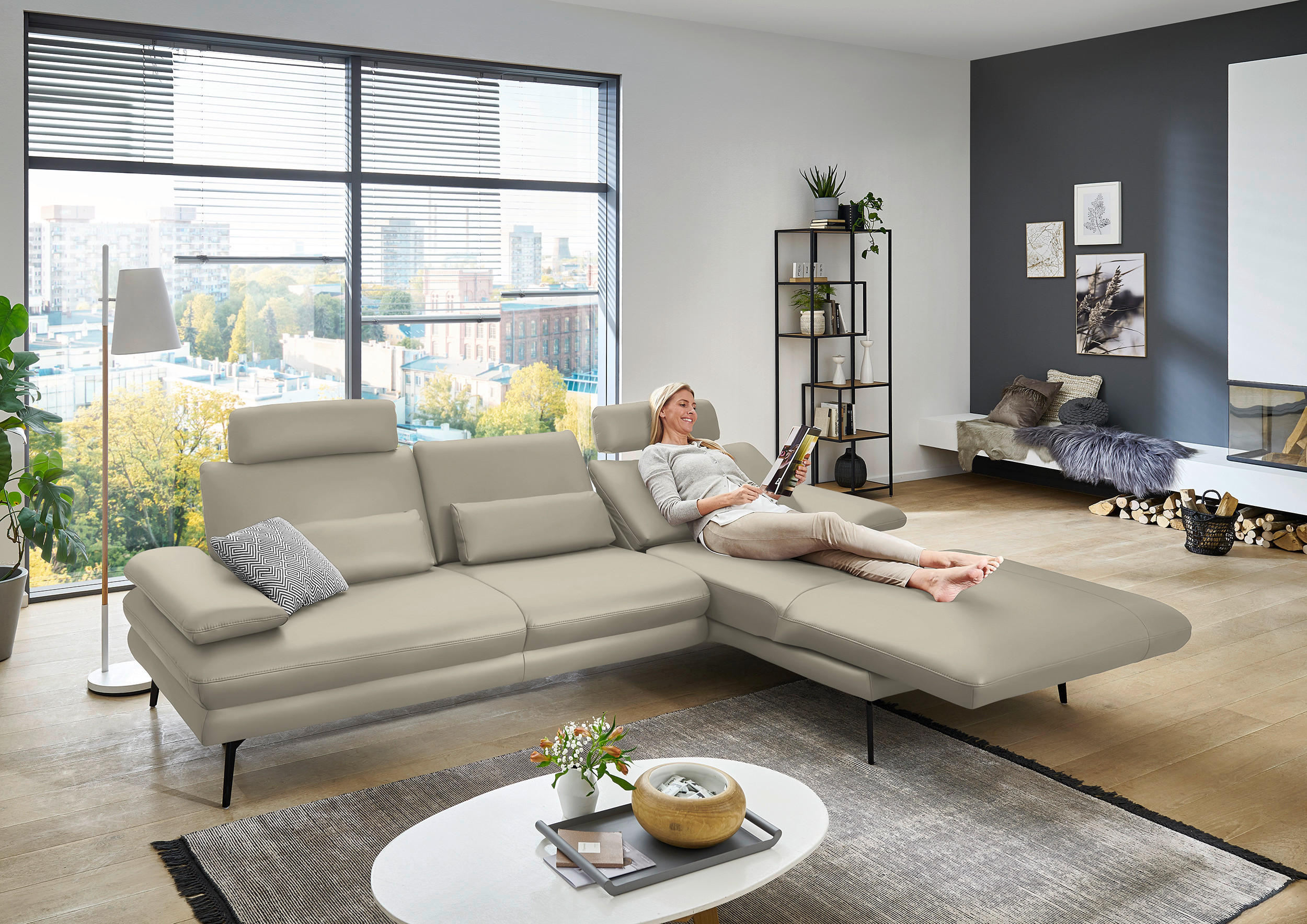 ECKSOFA in Echtleder Ecru  - Ecru/Schwarz, Design, Leder/Metall (310/180cm) - Dieter Knoll