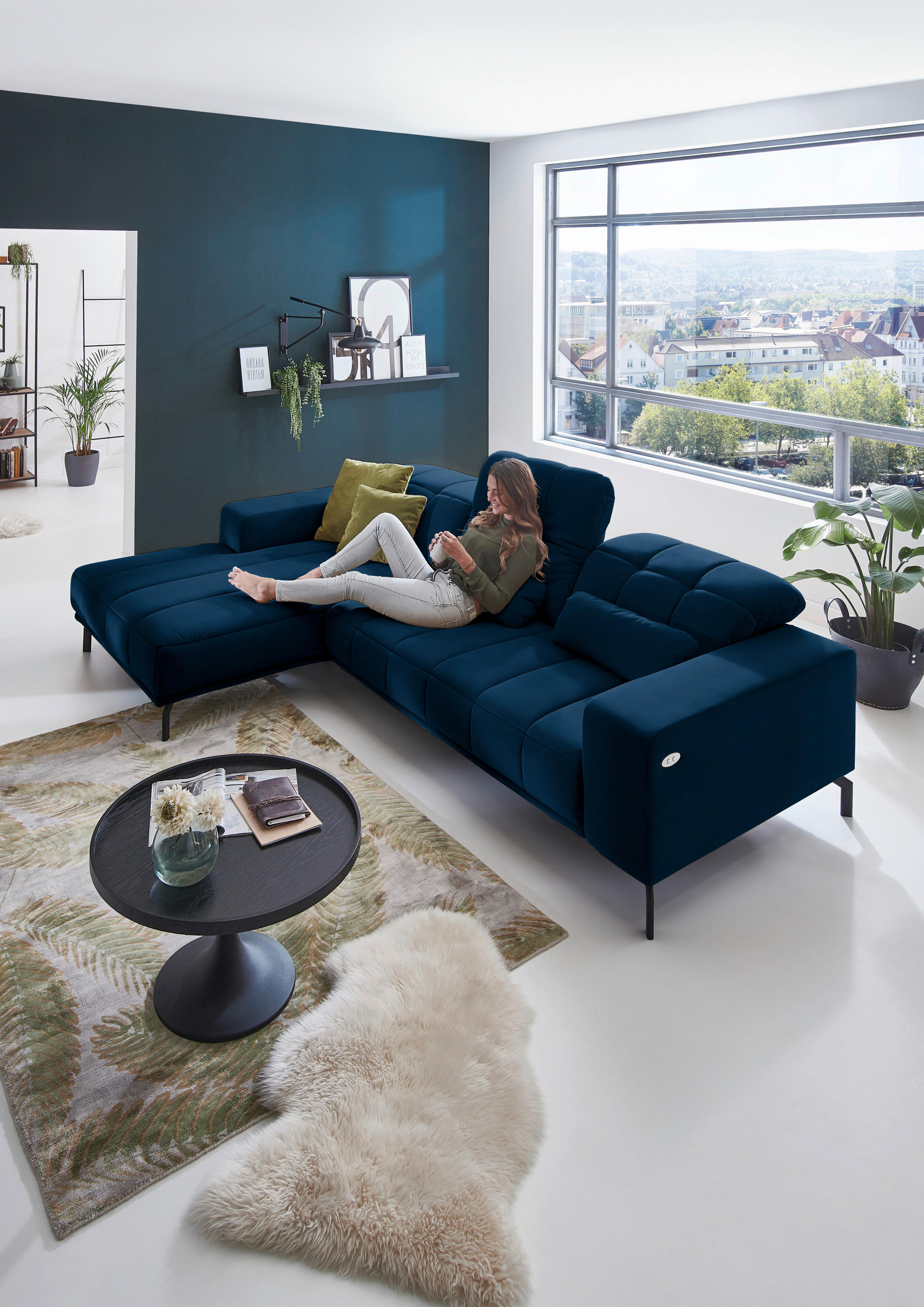 ECKSOFA in Velours Dunkelblau  - Schwarz/Dunkelblau, Design, Textil/Metall (195/293cm) - Beldomo Style