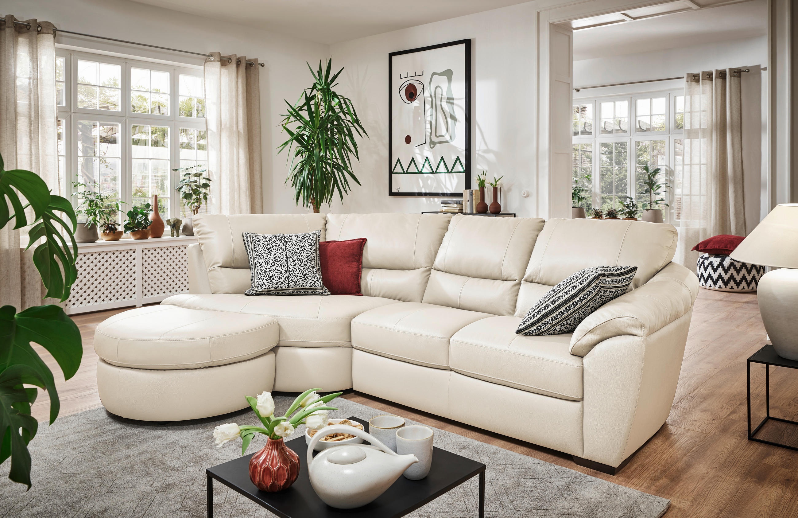ECKSOFA in Kombination Echtleder/Lederlook Weiss  - Wengefarben/Weiss, Konventionell, Leder/Holz (194/273cm) - Livetastic