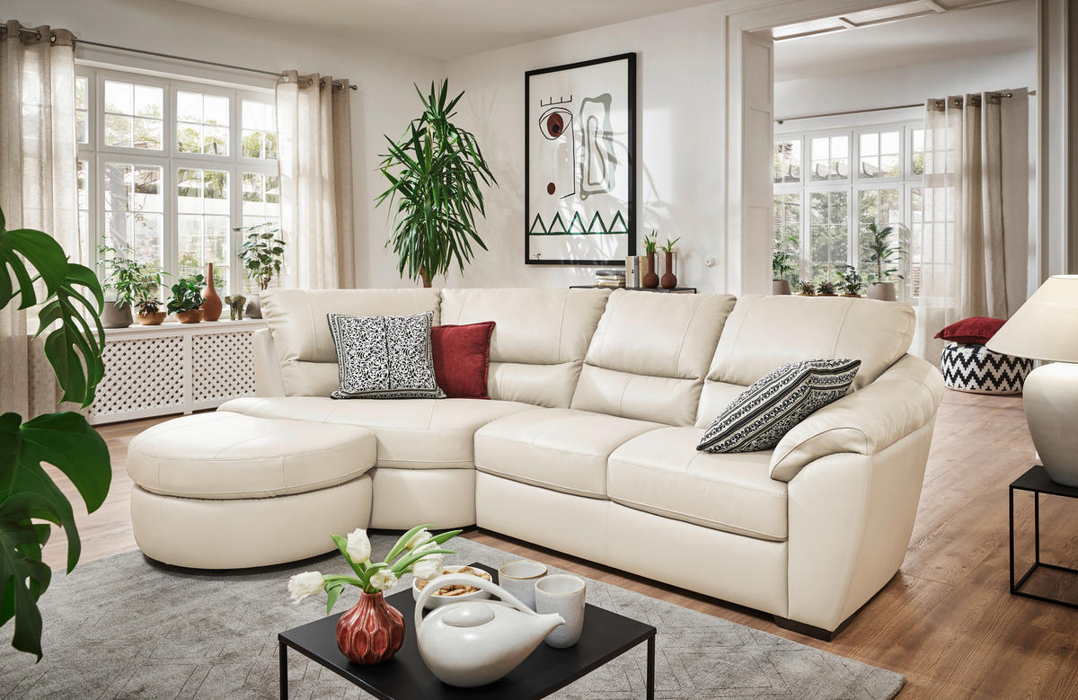 ECKSOFA in Kombination Echtleder/Lederlook Weiss  - Wengefarben/Weiss, Konventionell, Leder/Holz (194/273cm) - Livetastic