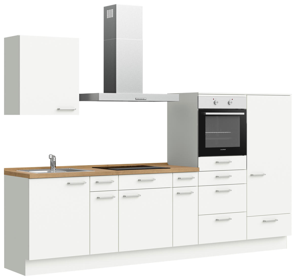 KÜCHENBLOCK 300 cm   in Weiß, Eichefarben  - Edelstahlfarben/Eichefarben, MODERN, Holzwerkstoff/Metall (300cm) - Nobilia