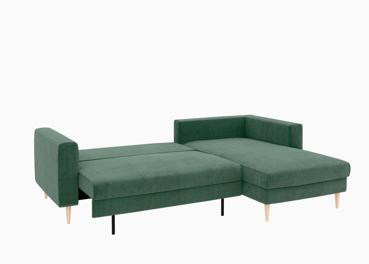 ECKSCHLAFSOFA Cord Dunkelgrün  - Dunkelgrün/Buchefarben, Modern, Holz/Textil (232/161cm) - Trendmanufaktur