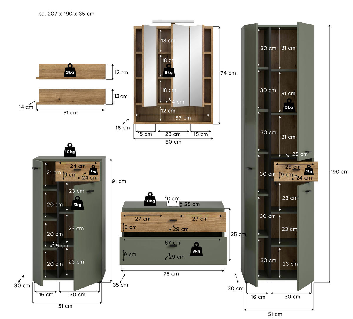 BADEZIMMER 5-teilig  in 177 cm  - Eichefarben/Schwarz, Trend, Glas/Holzwerkstoff (177cm) - MID.YOU