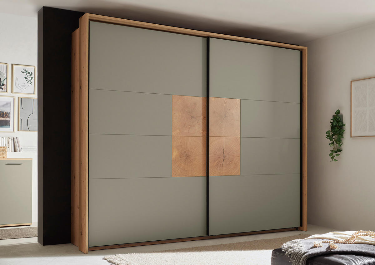SCHWEBETÜRENSCHRANK  in Salbeigrün, Eiche Artisan  - Salbeigrün/Schwarz, KONVENTIONELL, Holzwerkstoff/Metall (270/225,5/63,7cm) - Xora