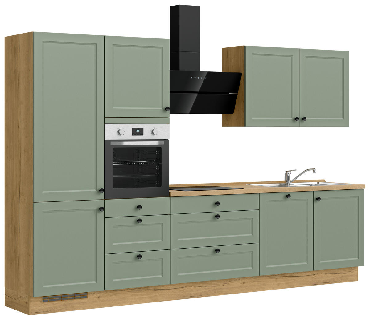 KÜCHENLEERBLOCK 330 cm   in Grün, Eichefarben  - Eichefarben/Schwarz, MODERN, Holzwerkstoff/Metall (330cm) - Nobilia