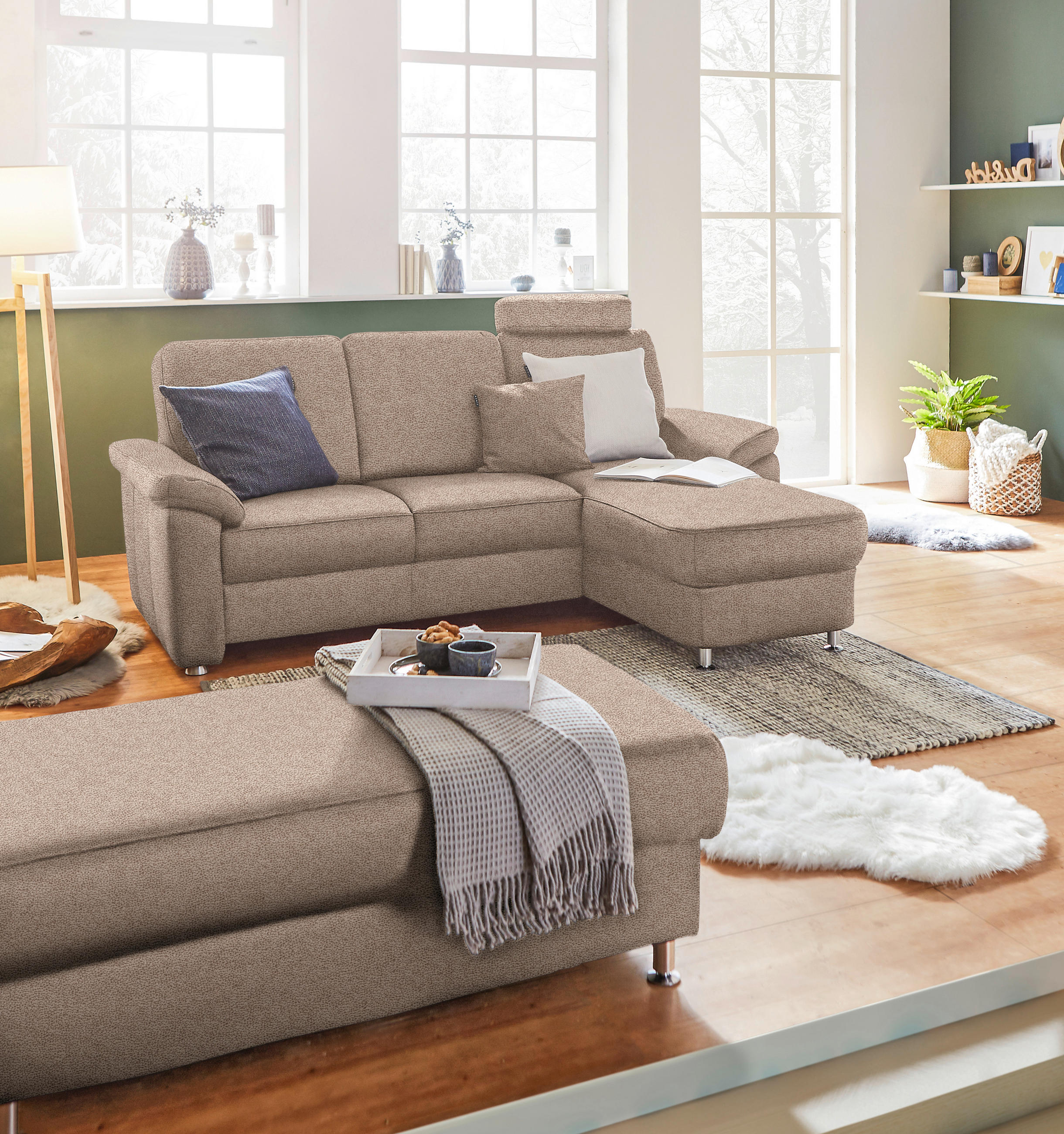 ECKSOFA in Webstoff Sandfarben  - Sandfarben/Chromfarben, Konventionell, Textil/Metall (220/163cm) - Beldomo System