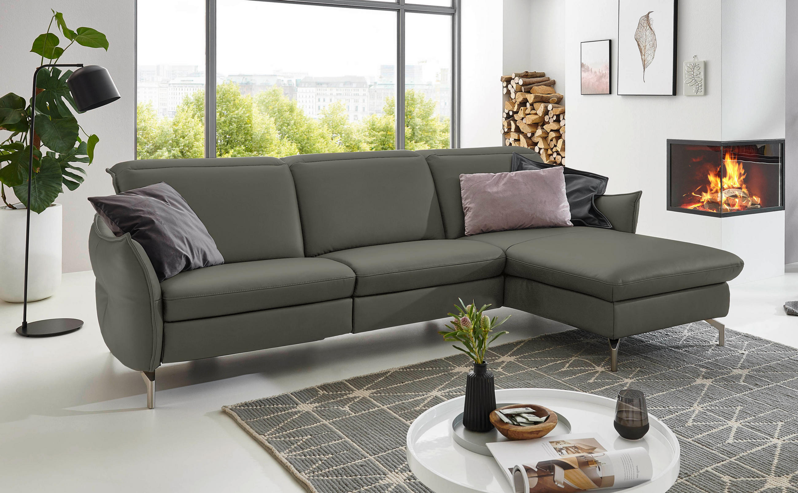 ECKSOFA Grau Lederlook (vegan)  - Grau/Nickelfarben, MODERN, Textil/Metall (233/179cm) - Livetastic