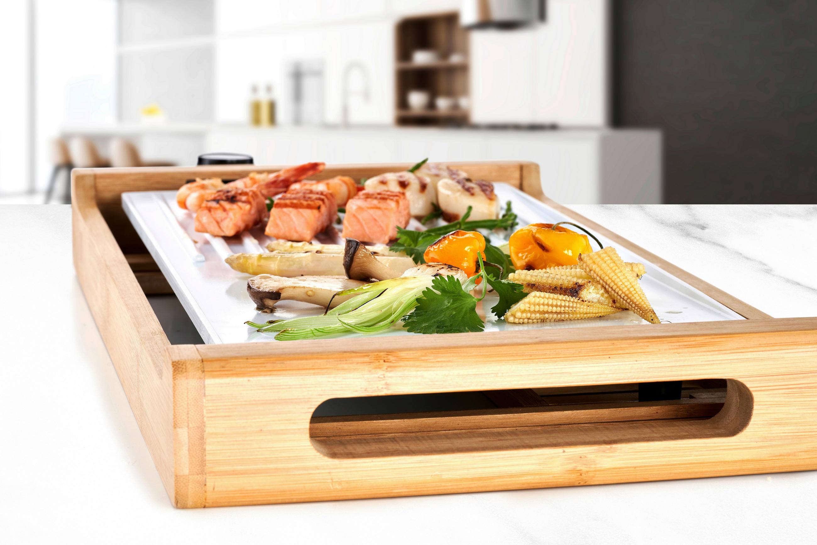 TISCHGRILL  - Weiss, Design, Holz/Keramik (53/28/6cm) - Trisa Electronics
