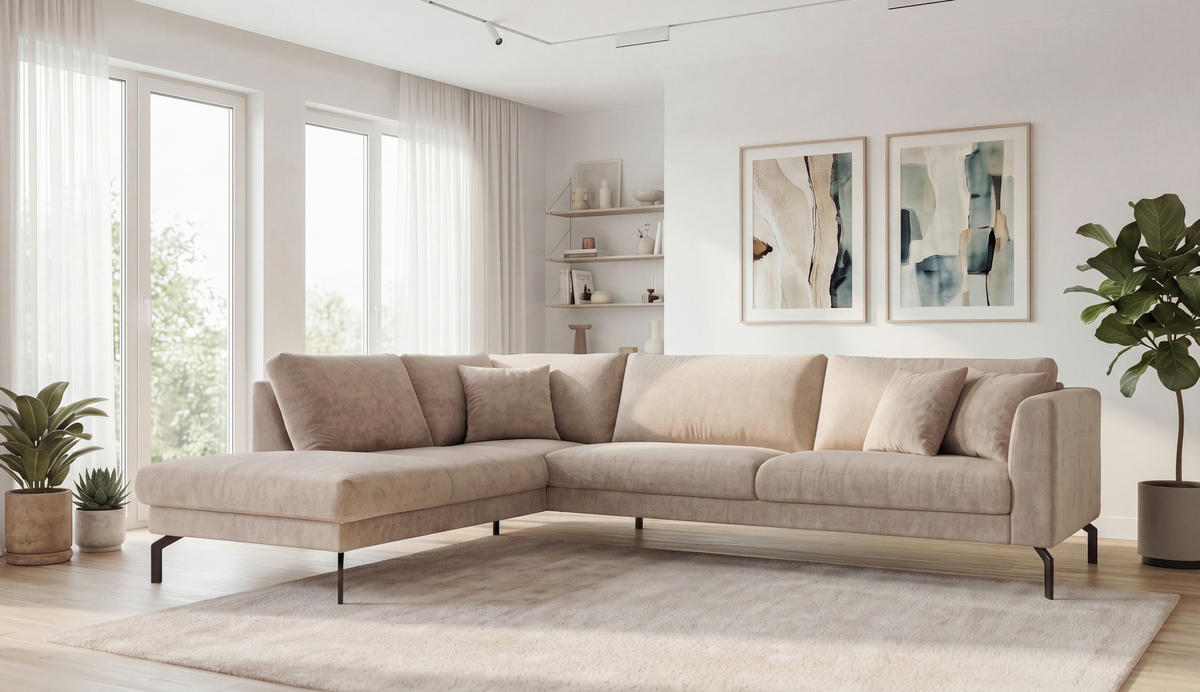 SOFFA i flatväv cappuccino  - cappuccino/svart, Klassisk, metall/trä (294/84/220cm) - Pure Home Comfort