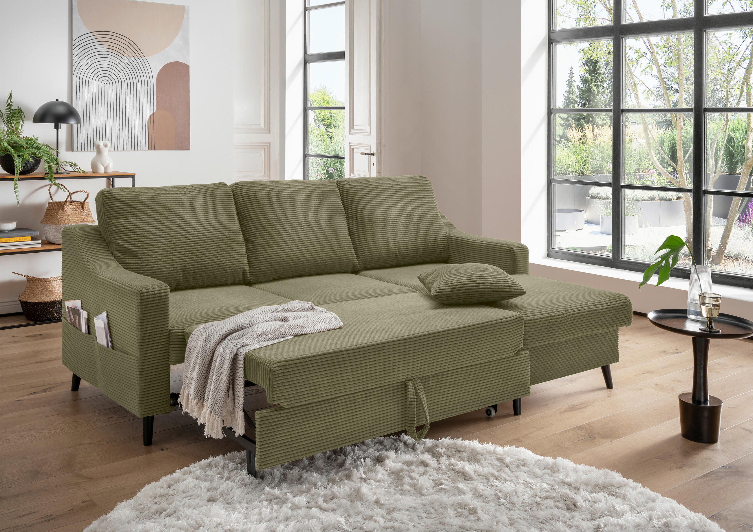 ECKSOFA Olivgrün Cord  - Schwarz/Olivgrün, Design, Holz/Textil (228/150cm) - P & B