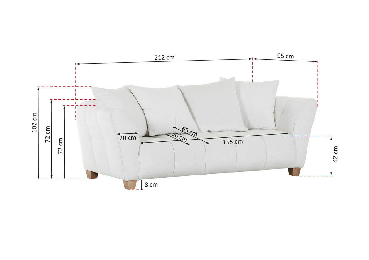 3-SITZER-SOFA Chenille Creme  - Buchefarben/Creme, KONVENTIONELL, Holz/Textil (212/72/95cm) - Milino