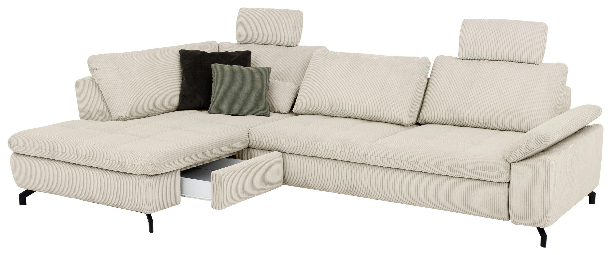 ECKSOFA in Cord, Velours Creme, Naturfarben  - Creme/Schwarz, Design, Textil/Metall (197/291cm) - Beldomo Style