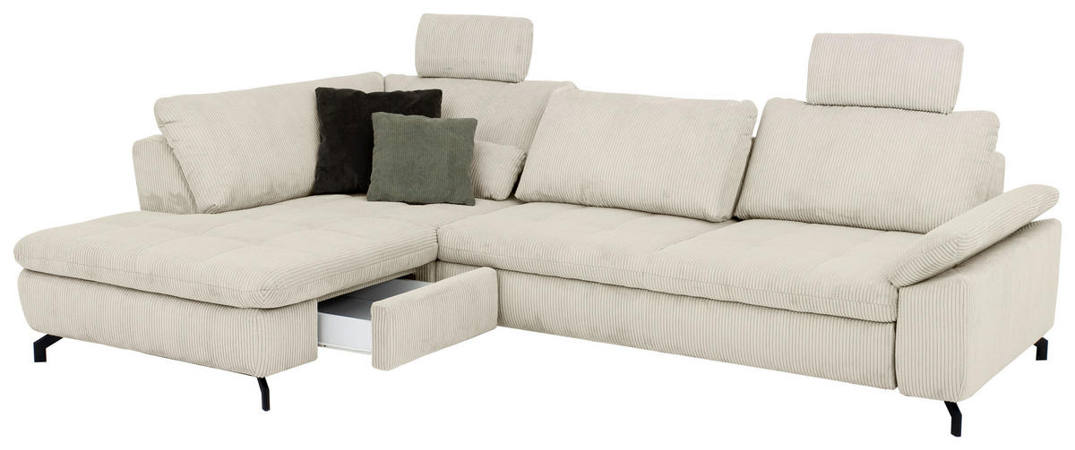 ECKSOFA in Cord, Velours Creme, Naturfarben  - Creme/Schwarz, Design, Textil/Metall (197/291cm) - Beldomo Style