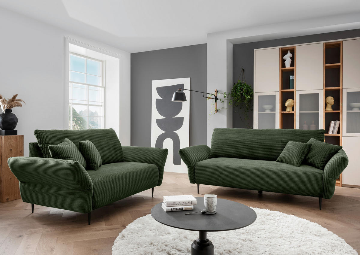 3-SITZER-SOFA Cord Dunkelgrün  - Dunkelgrün/Schwarz, Design, Textil/Metall (201/97/102cm) - Livetastic