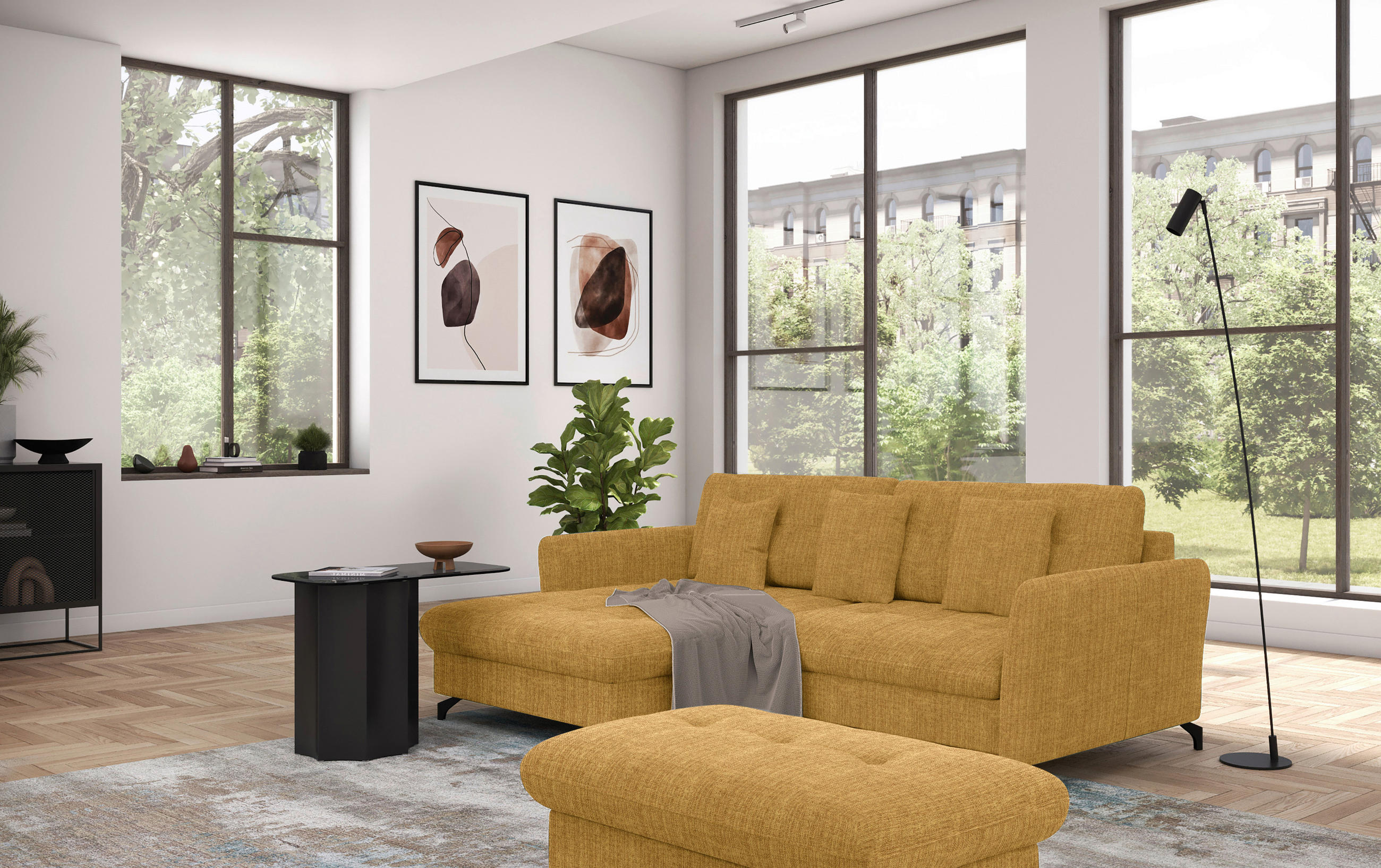 ECKSOFA in Flachgewebe, Leinenoptik Currygelb  - Currygelb/Schwarz, Design, Textil/Metall (170/242cm) - Xora
