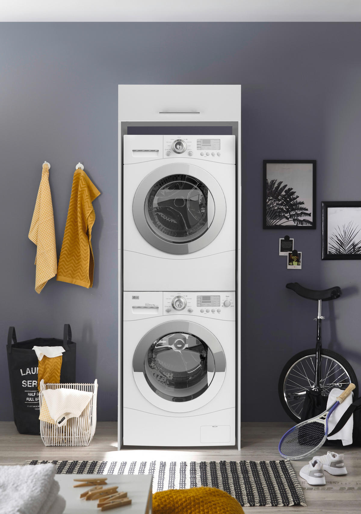 SKÅP FÖR TVÄTTMASKIN 67,4/200/67,6 cm  i vit  - stålfärgad/vit, Klassisk, metall/trämaterial (67,4/200/67,6cm) - Respekta