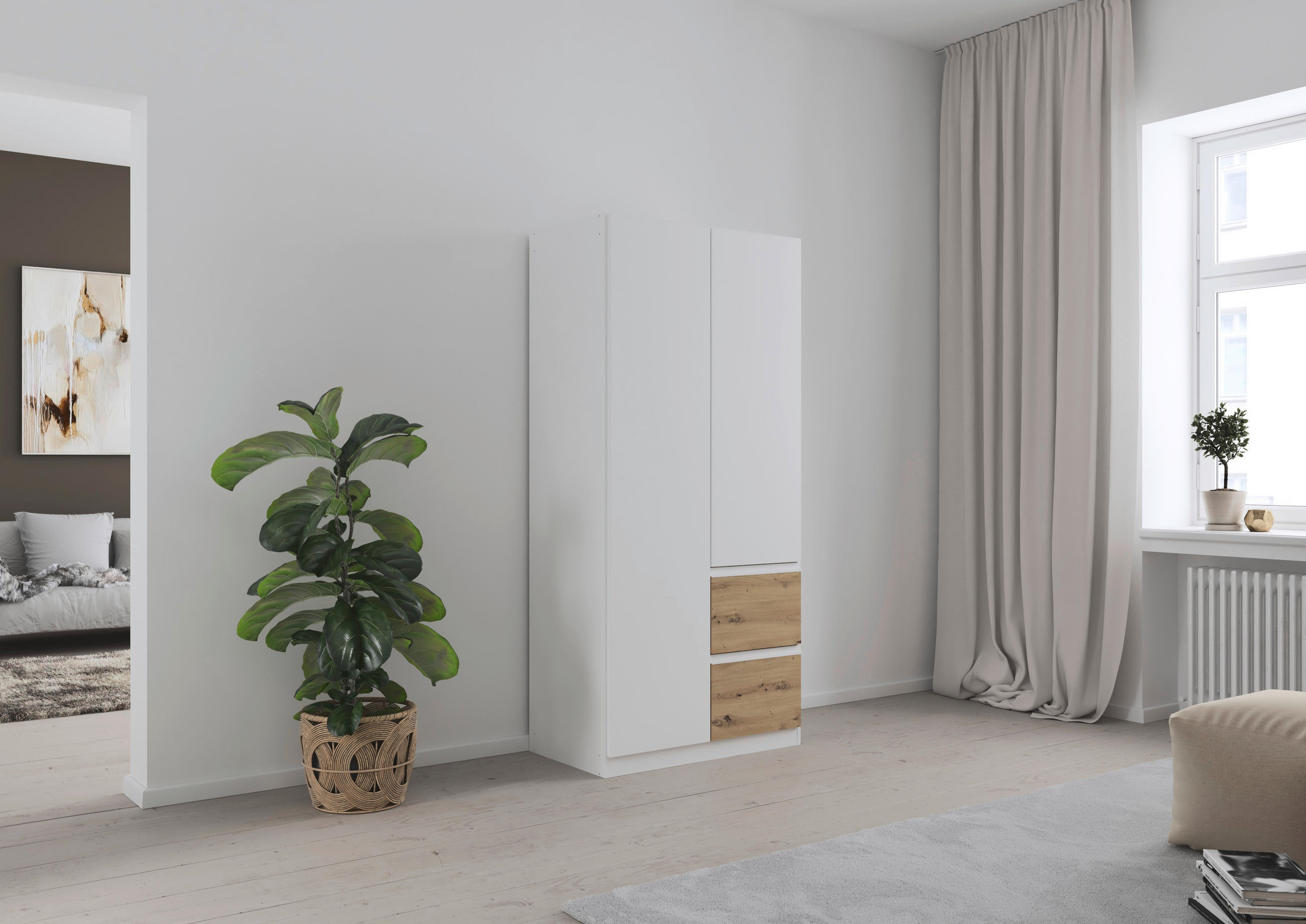 DREHTÜRENSCHRANK in Weiss, Eiche Artisan  - Weiss/Eiche Artisan, Modern, Holzwerkstoff (91/197/54cm) - Rauch Möbel