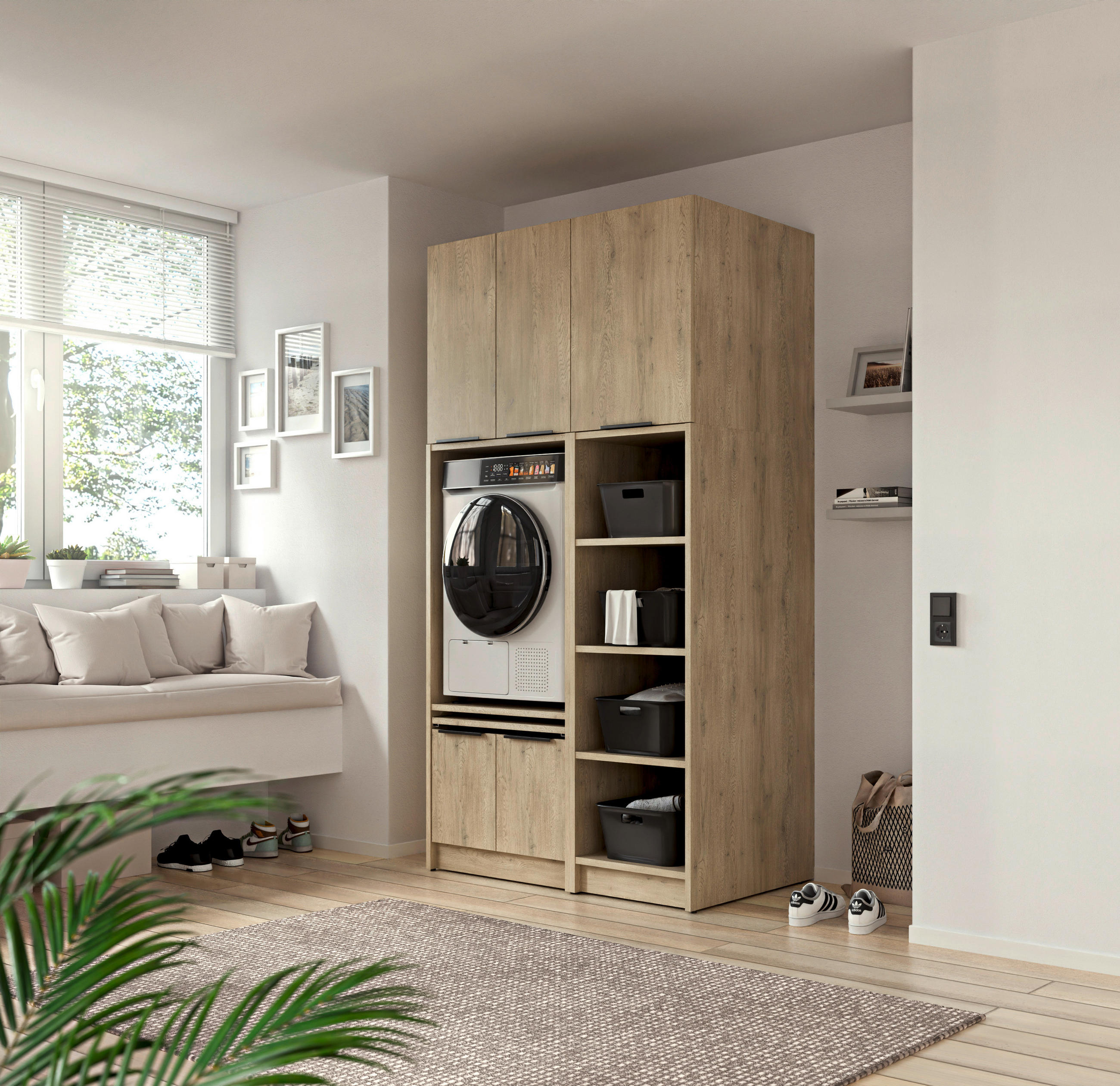 AUFSATZSCHRANK 70/70/68 cm   - Eichefarben/Schwarz, Basics, Holzwerkstoff/Metall (70/70/68cm) - MID.YOU