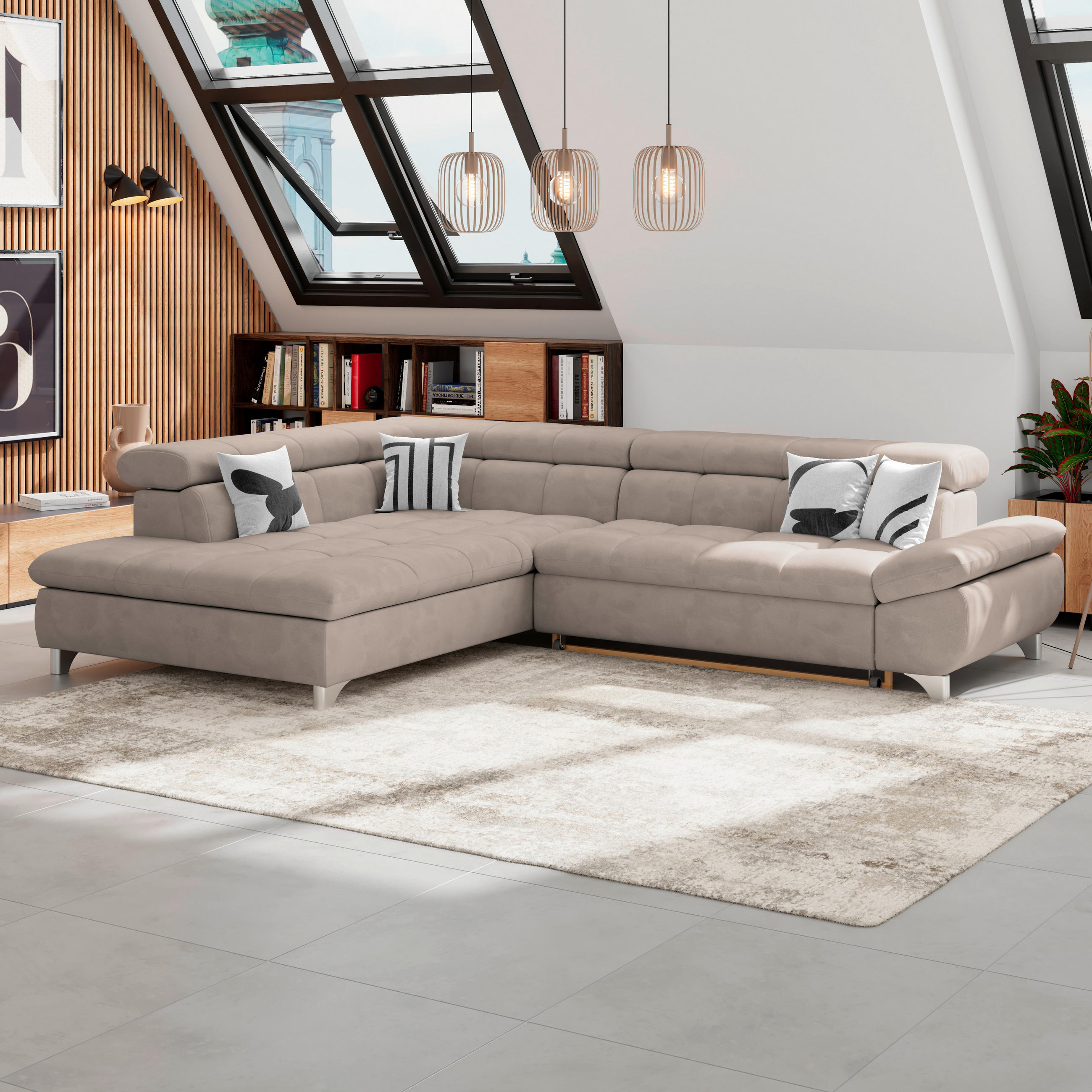 ECKSOFA Beige Chenille  - Chromfarben/Beige, KONVENTIONELL, Textil/Metall (234/312cm) - Livetastic