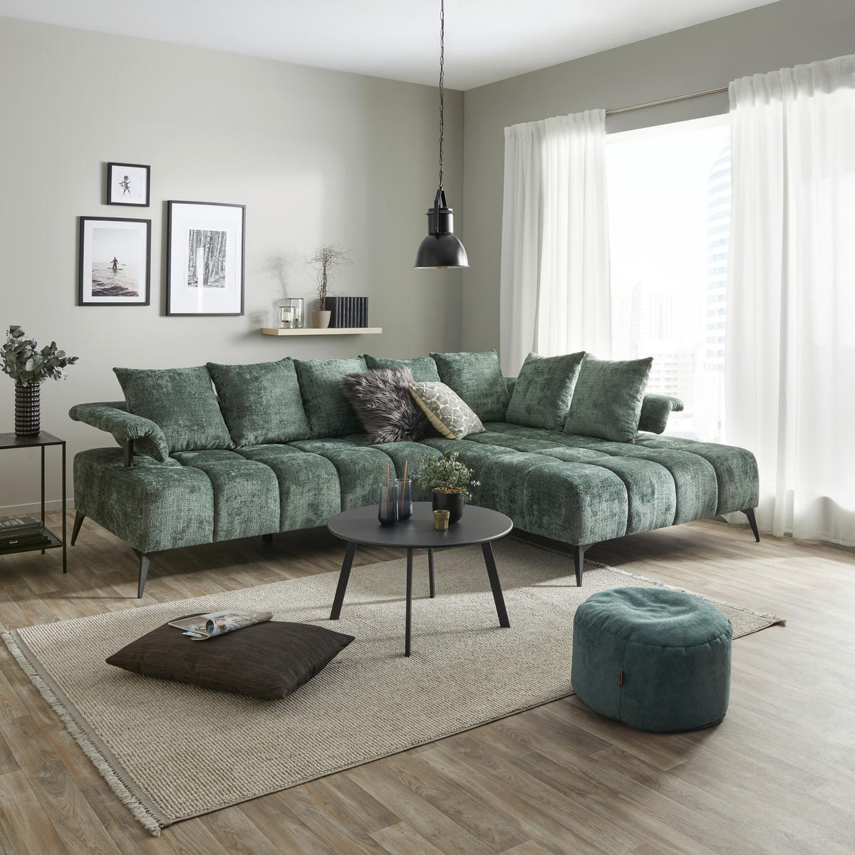 ECKSOFA in Flachgewebe Grün  - Schwarz/Grün, Modern, Kunststoff/Textil (297/200cm) - Livetastic