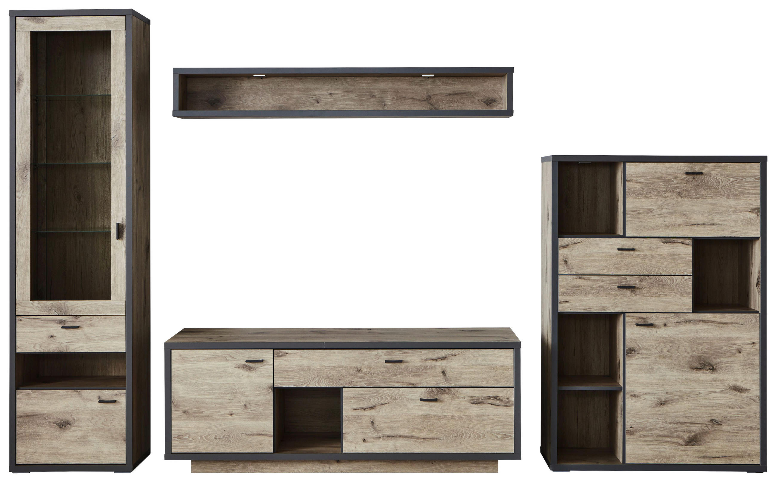 WOHNWAND  in Eichefarben, Dunkelgrau  327,4/207,9/50 cm  - Dunkelgrau/Eichefarben, MODERN, Glas/Holzwerkstoff (327,4/207,9/50cm) - Xora