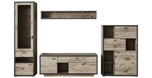 WOHNWAND  in Eichefarben, Dunkelgrau  327,4/207,9/50 cm  - Dunkelgrau/Eichefarben, MODERN, Glas/Holzwerkstoff (327,4/207,9/50cm) - Xora