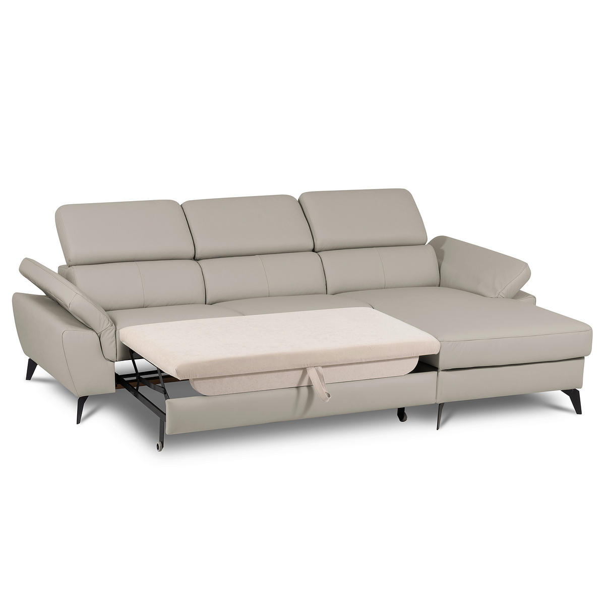 ECKSOFA Platinfarben Echtleder Lederlook Bettkasten, Schlaffunktion, Rücken echt, Armteilverstellung, Kopfteilverstellung  - Platinfarben/Schwarz, Design, Leder/Textil (252/179cm) - Livetastic