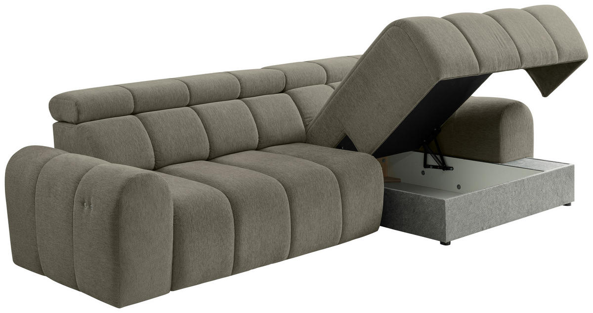 ECKSOFA Graubraun Chenille Bettkasten, Rücken echt, Kopfteilverstellung, Sitzvorzug  - Graubraun/Schwarz, Design, Kunststoff/Textil (290/152cm) - Stylife