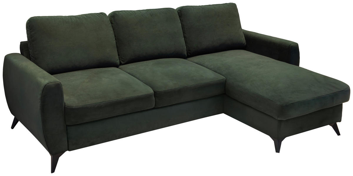 ECKSCHLAFSOFA JEFFREY Mikrovelours Dunkelgrün  inkl. Zierkissen, Rückenkissen, Stauraum  - Dunkelgrün/Schwarz, KONVENTIONELL, Textil/Metall (230/150cm) - Livetastic