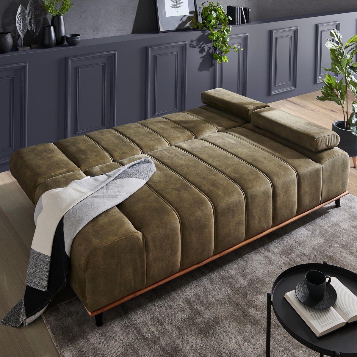SCHLAFSOFA Webstoff Olivgrün  - Schwarz/Olivgrün, Design, Holz/Textil (206/77-87/102cm) - Novel