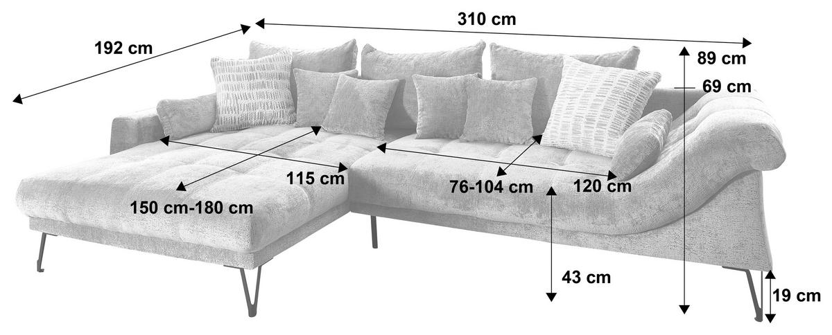 ECKSOFA Chenille Creme  - Creme/Schwarz, Konventionell, Textil/Metall (192/310cm) - Livetastic