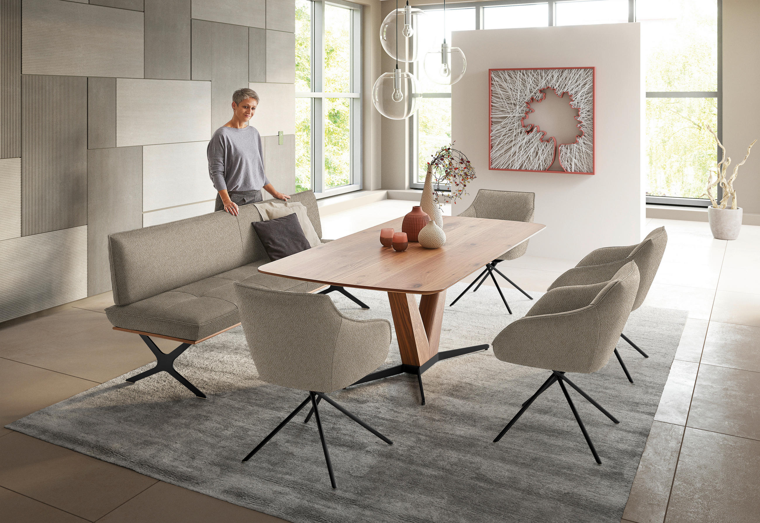 SITZBANK in Holz, Textil Schwarz, Nussbaumfarben, Beige  - Beige/Nussbaumfarben, Design, Holz/Textil (214/88/66cm) - Koinor