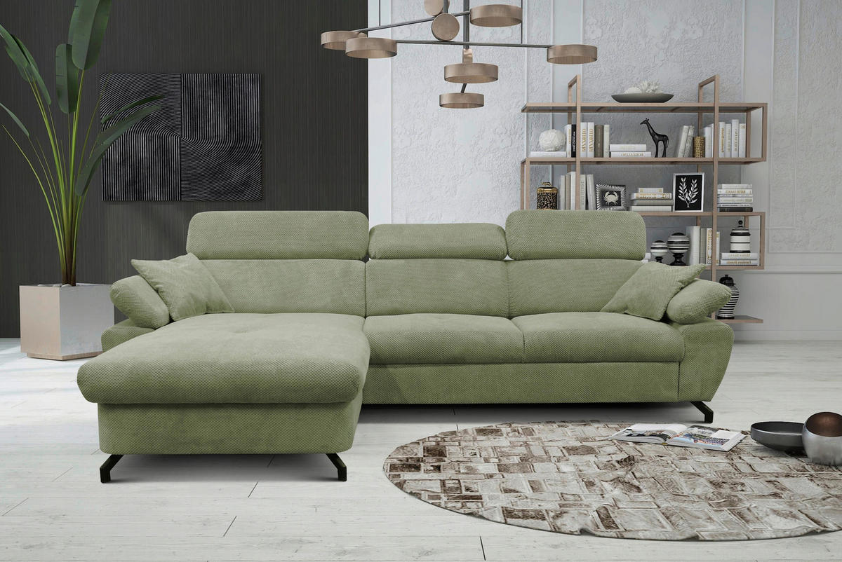 ECKSOFA OMEGA Grün Chenille Zierkissen, Bettkasten  - Schwarz/Grün, Design, Textil/Metall (186/280cm) - MID.YOU