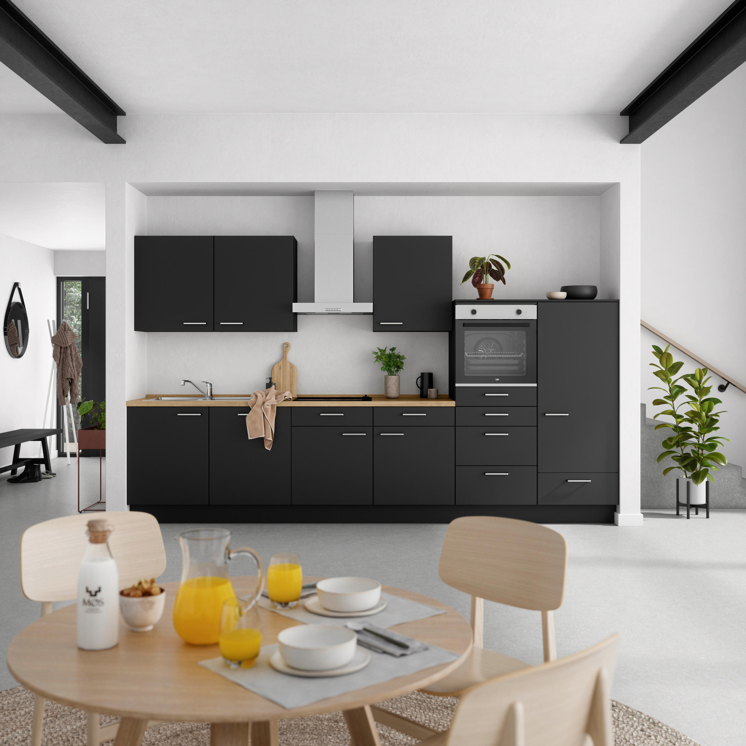 KÜCHENBLOCK 360 cm   in Schwarz, Eichefarben  - Edelstahlfarben/Eichefarben, MODERN, Holzwerkstoff/Metall (360cm) - Nobilia