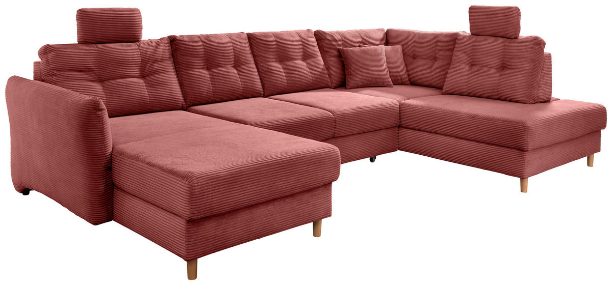 WOHNLANDSCHAFT in Cord Koralle  - Koralle/Naturfarben, Modern, Holz/Textil (176/338-352/206cm) - Livetastic