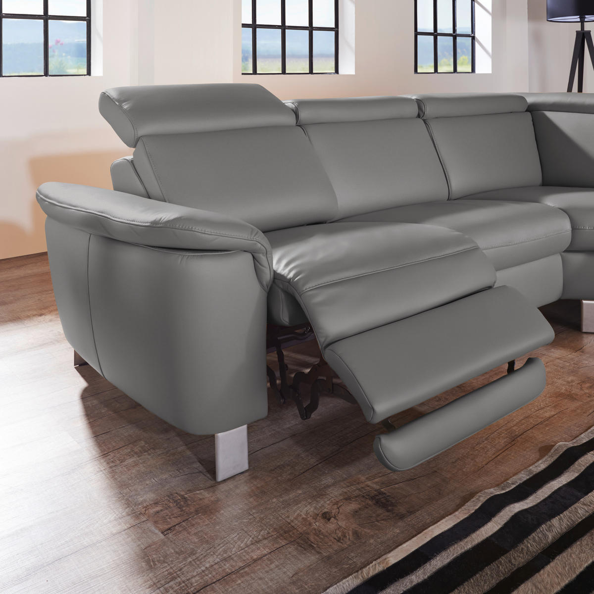 ECKSOFA in Echtleder Dunkelgrau  - Dunkelgrau/Alufarben, Design, Leder/Metall (271/239cm) - Cantus