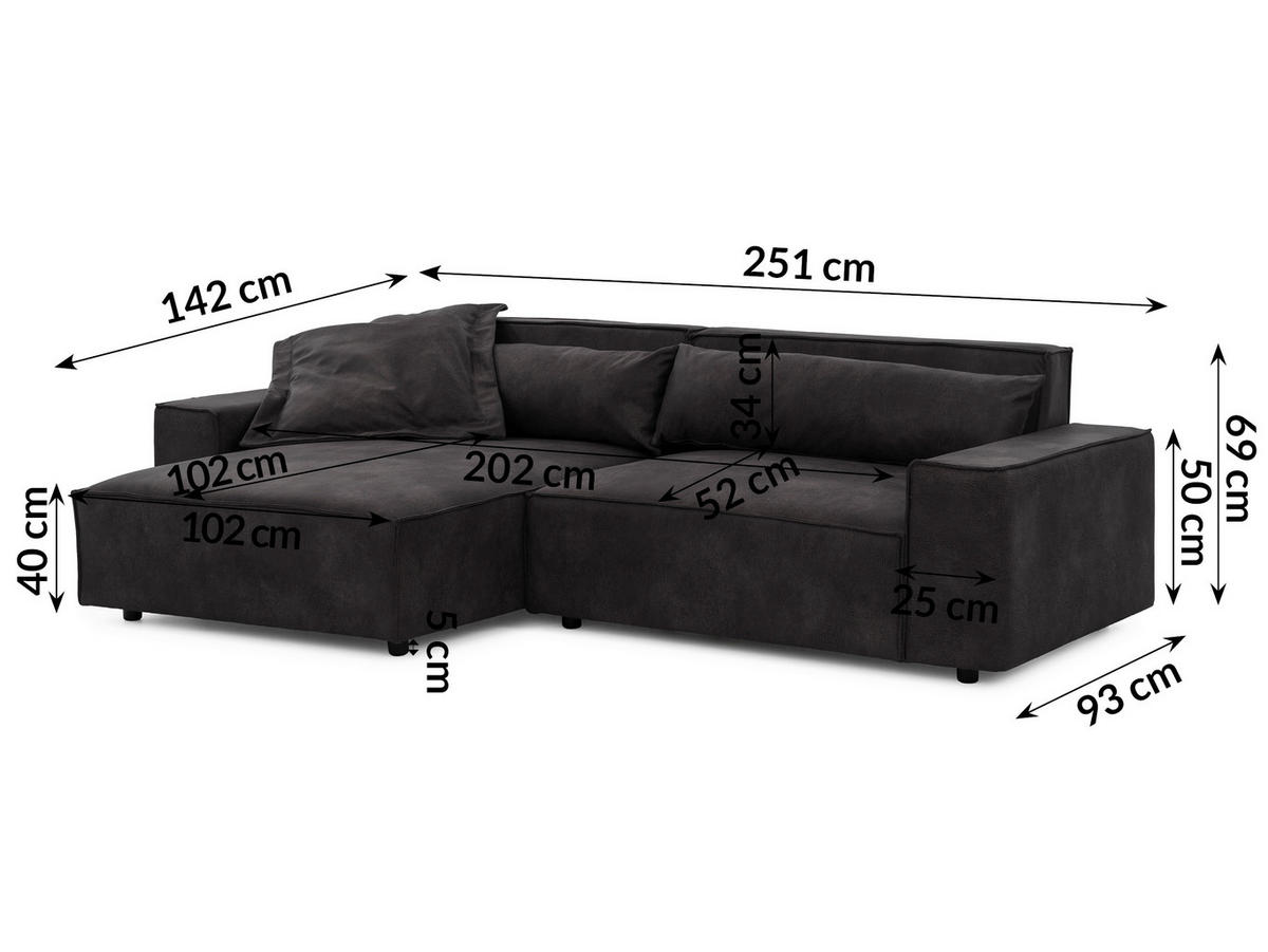 ECKSOFA Curduroy in Lederlook Anthrazit Rückenkissen  251/142 cm  - Anthrazit/Schwarz, Design, Kunststoff/Textil (251/142cm) - P & B