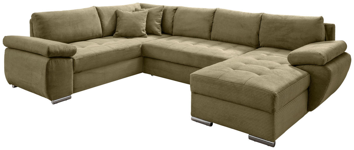 Wohnlandschaft in Cord Olivgrün  - Chromfarben/Olivgrün, KONVENTIONELL, Textil/Metall (219/305/157cm) - Livetastic
