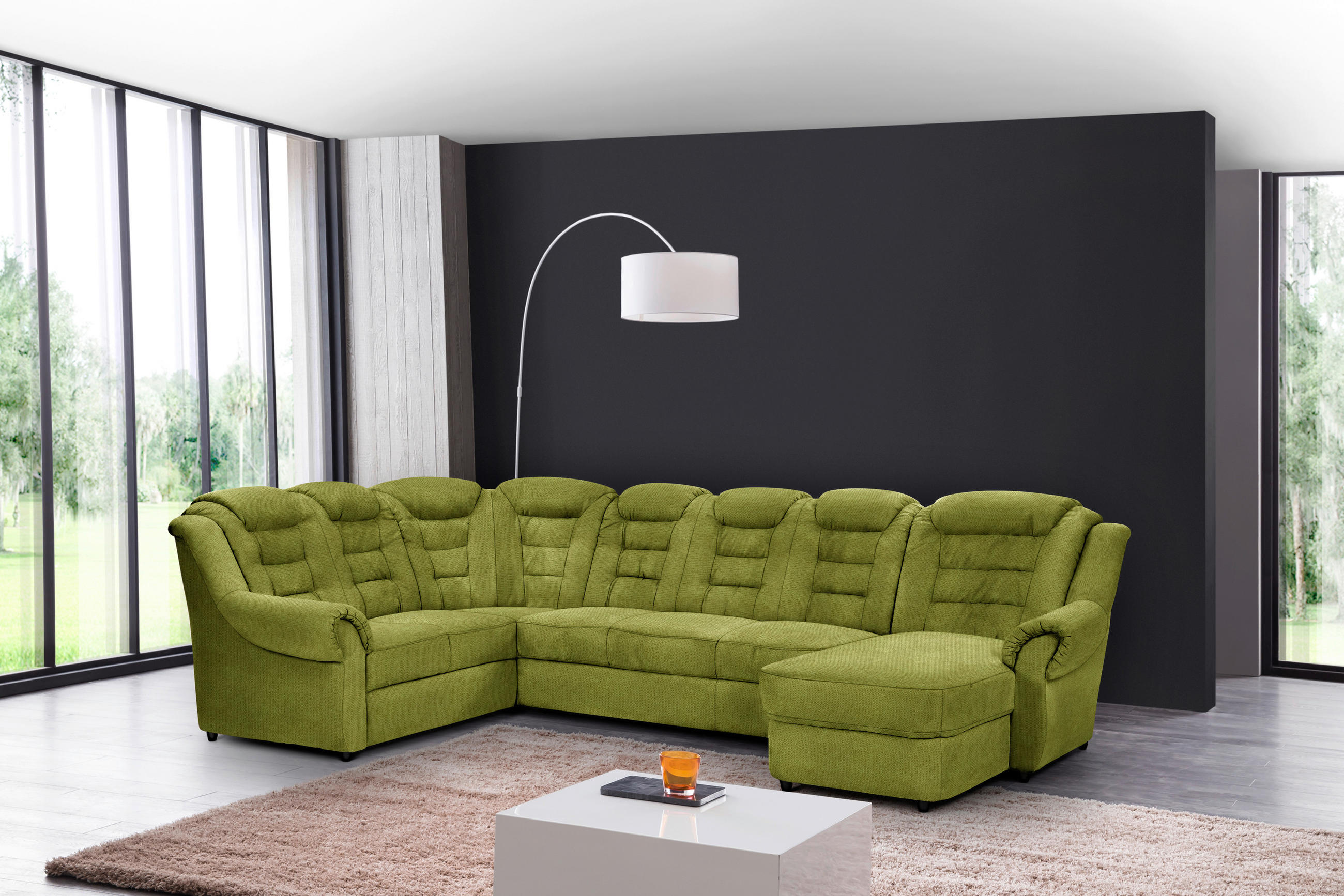 WOHNLANDSCHAFT Grün Chenille  - Schwarz/Grün, KONVENTIONELL, Kunststoff/Textil (216/333/165cm) - Livetastic