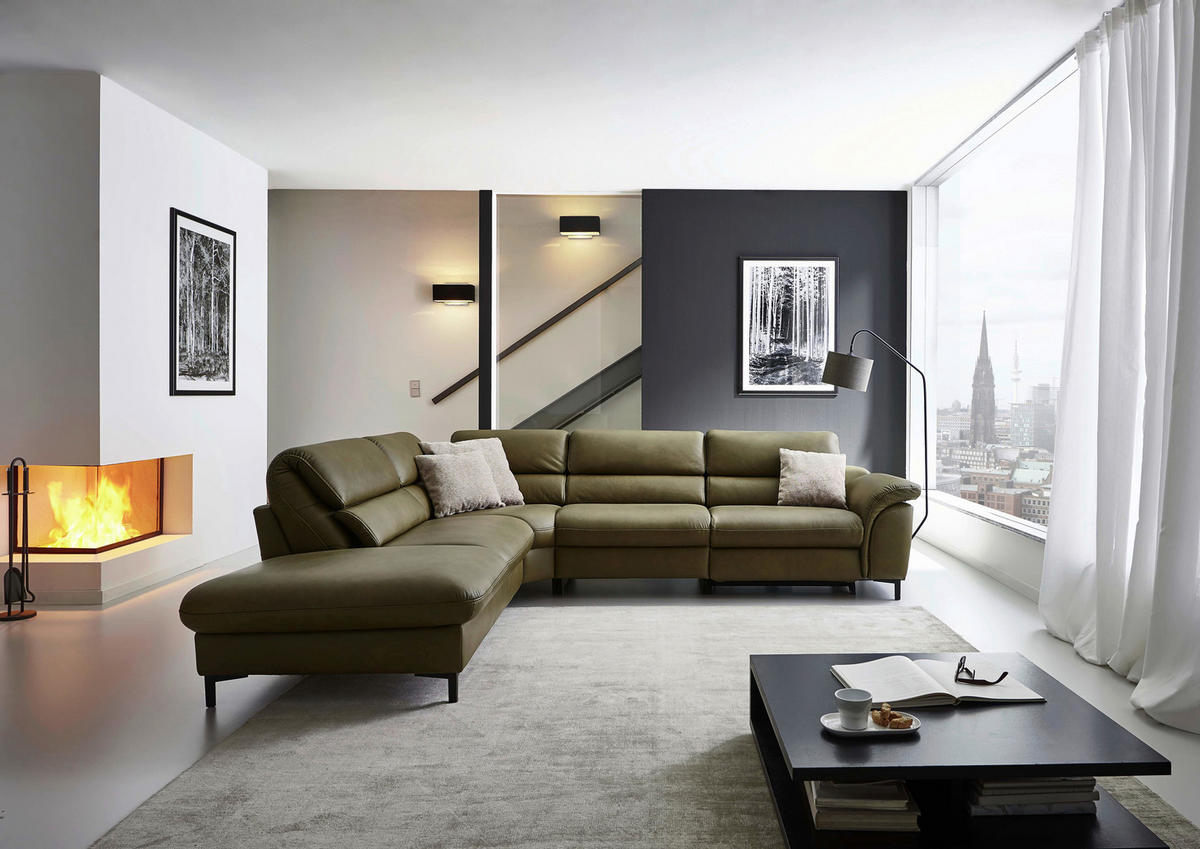 ECKSOFA Valdera Schlammfarben Echtleder  - Schlammfarben/Schwarz, Design, Leder/Metall (246/280cm) - Hukla